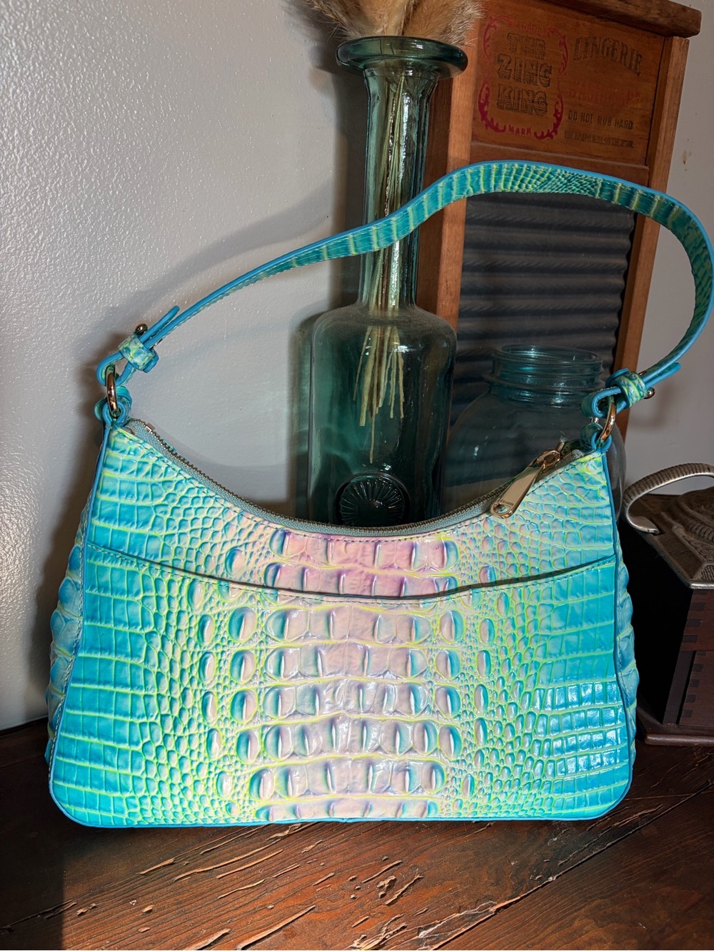 Brahmin ESME Cotton Candy Iridescent Turquoise Croc-Embossed Shoulder Bag - Picture 6 of 13